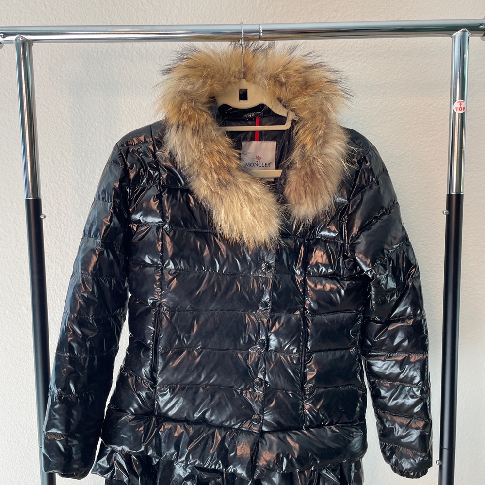 Moncler Shiny Black Puffer Coat with Fur Collar